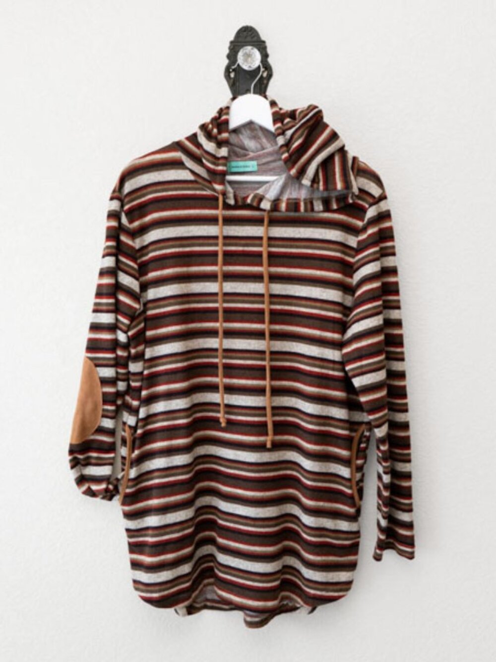 Sunshine & Rodeo Striped Hooded Tunic Womens Large Western Elbow Patch Boho Cozy